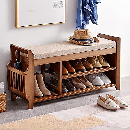 PETKABOO 2 Tier Shoe Bench, Shoe Rack with Hidden Drawer and Side Holder, Shoe Storage Bench Organizer for Entryway Hallway Living Room, Bamboo Material