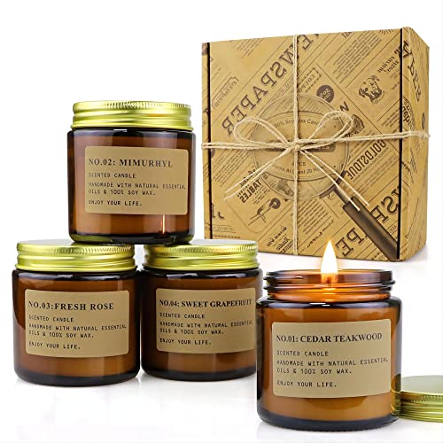 YFYTRE 4 Pack Scented Candle Set Soy Wax, Aromatherapy Candles for Home Decoration, Jar Candles Gift for Women with Amber Glass Jars and Kraft Wrapping