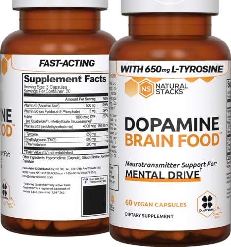 NATURAL STACKS Dopamine Focus Supplement & Memory Supplement for Brain w/L-Tyrosine - Promotes Mental Drive, Clarity & Focus - Natural Dopamine Supplement - Supports Mental Energy, 60 Capsules