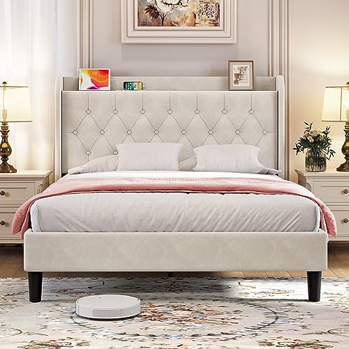 koorlian Queen Velvet Bed Frame, Adjustable Upholstered Platform Bed Frame with Type-C&USB Ports, Wingback Storage Headboard, Solid Wood Slats Support, No Box Spring Needed, Noise-Free, Beige