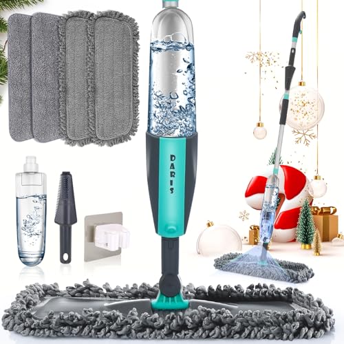 Microfiber Spray Mop for Floor Cleaning Wet Dry, 360 Degree Spin Dust Home Kitchen Hardwood Floor Flat Mops with 360ML Refillable Bottle Include 4 Microfiber Reusable Pads 1 Scrubber and 1 Mop Holder