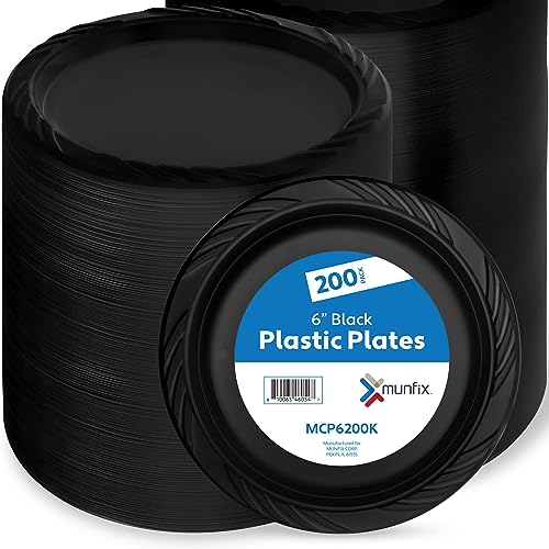 Munfix 6 Inch Black Plastic Plates 200 Bulk Pack - Disposable Cake Dessert Plates for BBQ, Party, Travel and Events, Microwavable Recyclable