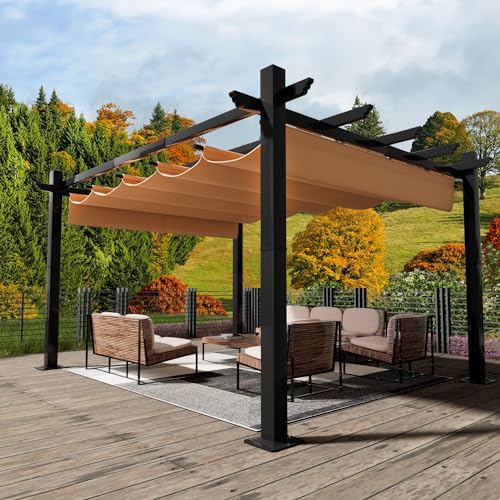 Aoxun 10‘×12’ Outdoor Pergola, Metal Patio Pergola with Brown Shade Cover, Upgraded Canopy with Adjustable Roof for Backyard, Garden