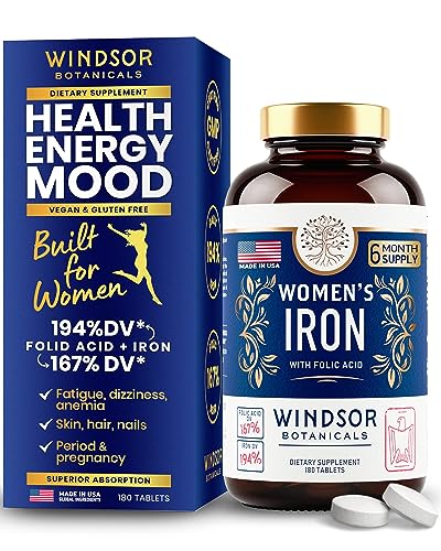 Iron Pills for Women - Iron Supplement for Women with Folic Acid - 6 Month Supply - Anemia, Period, Pregnancy Support Iron Supplements - Ferrous Sulfate, Folate Vitamin B9-180 Vegan Iron Tablets