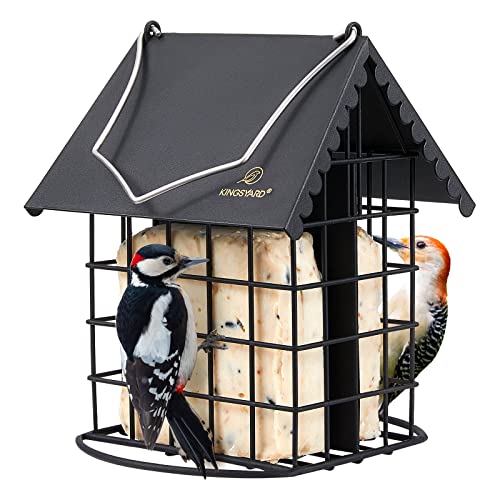 Kingsyard Double Suet Bird Feeder with Weatherproof Roof & Perch, All Metal, Suet Cakes Cage Bird Feeder for Outdoors Hanging, Easy to Clean & Refill, Black