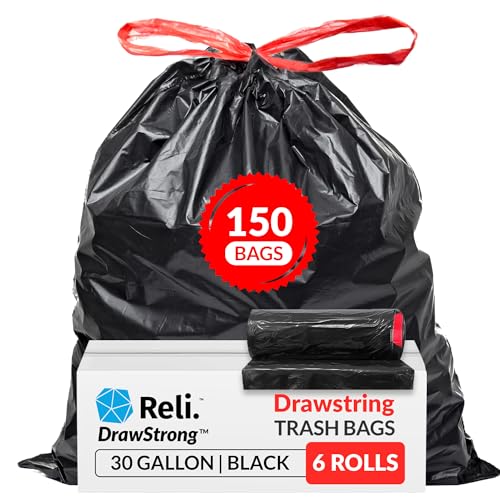 Reli. 30 Gallon Trash Bags Drawstring | 150 Count | Black | 30 Gallon Garbage Bags Heavy Duty | Large 30 Gal