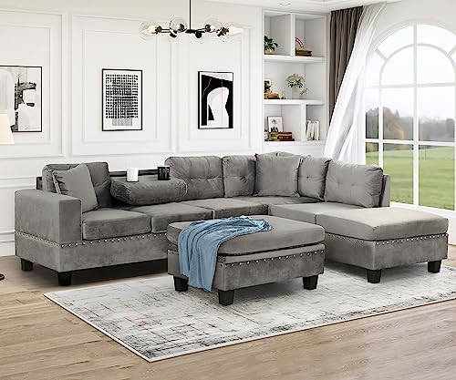 P PURLOVE Sectional Sofa with Reversible Chaise and 2 Pillows, Velvet L-Shaped Sofa with Storage Ottoman and Cup Holders, Sectional Couche Living Room Furniture Sets (Gray)