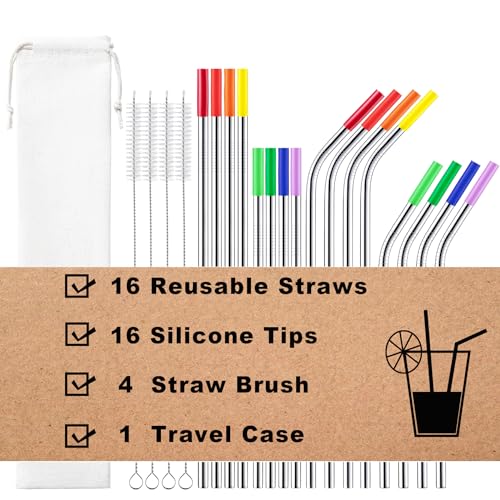 Reusable Stainless Steel Straws -16 Pack 10.5