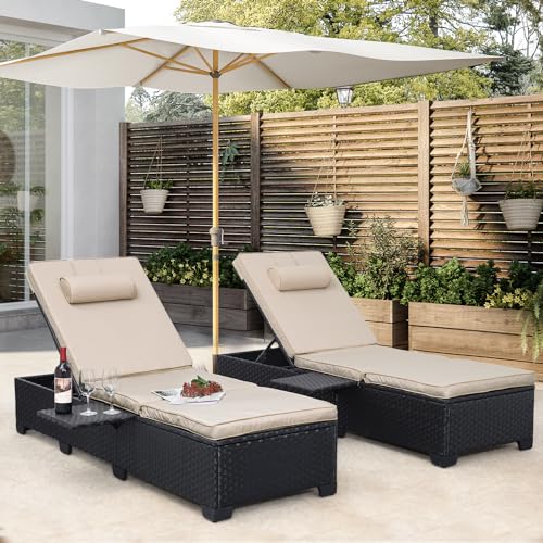 WAROOM Outdoor PE Wicker Chaise Lounge Chairs Set of 2 Patio Black Rattan Reclining Chair Adjustable Backrest Pool Sunbathing Recliners with Furniture Cover, Khaki