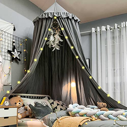 Hommi Lovvi Bed Canopy for Girls, Dreamy Frills Ceiling Hanging Princess Canopy Bedroom Decoration Soft Canopy Net Reading Nook, Extra Large Full Queen Size Bed Canopies - Grey