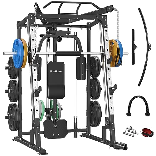 SunHome Smith Machine, 2000LBS Power Cage Squat Rack with Smith Bar, Two LAT Pull-Down Systems, Cable Crossover Machine and and More Cable Attachment for Home Gym