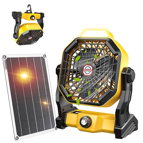 10400mAh Solar fan, Camping Fan with Solar Panel, 7W Rechargeable Solar Powered Fan for Outside, LED Lantern, Stepless Speed and Quiet Battery Operated Tent Fan for Picnic, Barbecue, Fishing, Travel