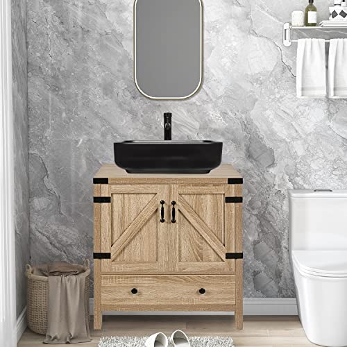 Puluomis 28 inches Bathroom Vanity, Modern Natural Color Wood Fixture Stand Pedestal Bathroom Cabinet with Bathroom Square Black Ceramic Vessel Sink Top