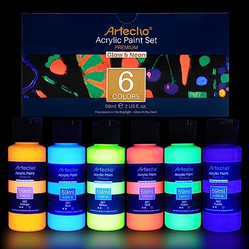 Artecho Acrylic Paint Set for Art Painting, Decorate, 6 Neon and Glow in the Dark Colors 2-in-1 2 Ounce/59ml Acrylic Paint Supplies for Wood, Fabric, Crafts, Canvas, Leather&Stone