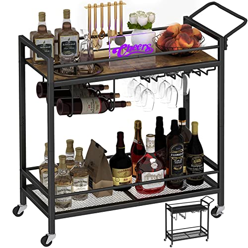 LAATOOREE Home Bar Serving Cart, Mobile Drink Beverage Cart with Two-Color Top Shelf, Rolling Kitchen Cart with Wine Holder and Glass Holder, for Dinning Room, Living Room, Kitchen