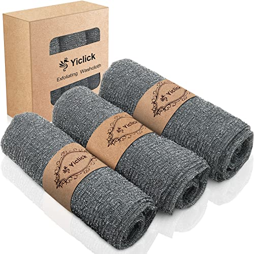 Yiclick Exfoliating Washcloth Towel [3 Pack], Japanese Exfoliating Bath Wash Cloth for Body Exfoliation, Korean Back Scrubber Washer for Shower, African Net Sponge Brush Loofah Exfoliator (Gray)