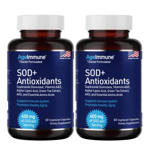 SOD Antioxidants Anti Aging Supplement with 400mg of Superoxide Dismutase, Alpha Lipoic Acid, L-Arginine, Lysine, AKG, Vitamin A and E for Immune Support–60 capsules-2 pack