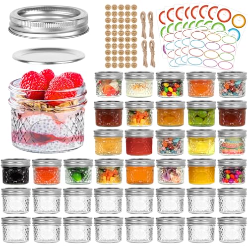 TOEKSIX Mini Mason Jars 4 oz 40 Pack, Regular Mouth Mason Jar with Lids and Seal Bands, Small Glass Canning Jar for Spice, Jam, Honey, Jelly, Dessert, Shower Wedding Favors, DIY Candles Decor