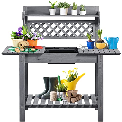 Yaheetech Potting Bench Table Outdoor Garden Horticulture Wooden Workstation Benched w/Sliding Tabletop/Removable Sink/Elevated Rack,Gray