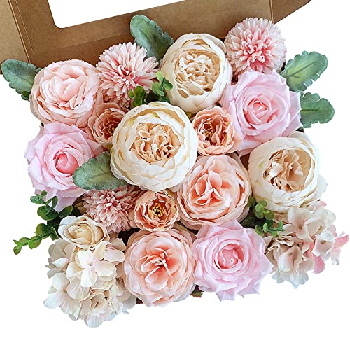 FACINOC Peonies Artificial Flowers Pink Silk Roses Bulk for DIY Wedding Bouquet Bridal Shower Decorations Fake Floral Arrangements Party Table Centerpieces Home Decor Indoor Blush Peach Box 20pcs