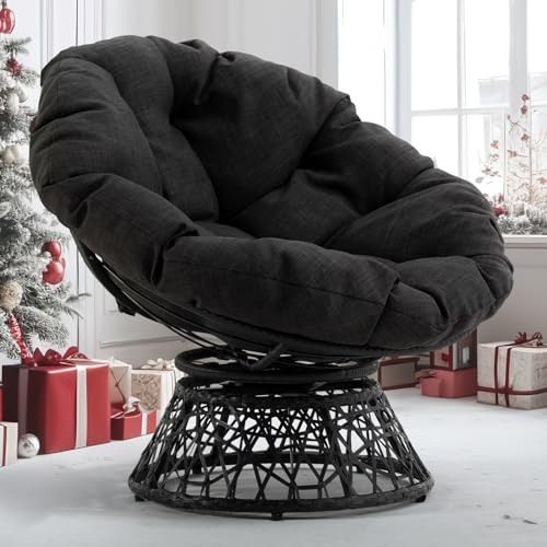 Bme Ergonomic Wicker Papasan Chair with Soft Thick Density Fabric Cushion, High Capacity Steel Frame, 360 Degree Swivel for Living, Bedroom, Reading Room, Lounge, Onyx Stone - Black Base