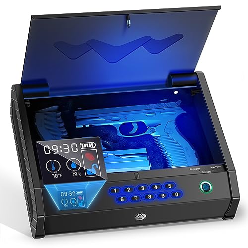 MOLICAR Gun Safe, Upgrade Biometric Gun Safes for Handgun with LCD of Temp Humidity Battery, USB-C Port, Fingerprint Quick Access Pistol Safe for 2 Guns, Handgun Safe for Home Bedside Nightstand Car