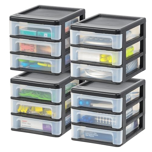 IRIS USA Small 3-Drawer Desktop Organizer, 4 Pack, Stackable, for Office, School, Stationary, Makeup Organizer, Bathroom, Utility, Medical Supplies, Desk Organizer, Versatile Storage, Black