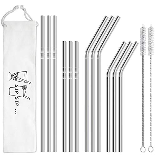 Hiware 12-Pack Reusable Stainless Steel Metal Straws with Case - Long Drinking Straws for 30 oz and 20 oz Tumblers Yeti Dishwasher Safe - 2 Cleaning Brushes Included