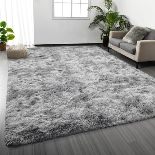 Deerhoo Large Shag Area Rugs 5 x 8, Tie-Dyed Plush Fuzzy Rugs for Living Room, Ultra Soft Fluffy Furry Rugs for Bedroom, Anti-Skid Indoor Carpet Nursery Rugs for Kids Room Home Decor, Light Grey