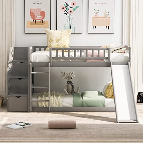 BIADNBZ Twin Over Twin Bunk Bed with Stairs and Slide, Wooden Low BunkBed Frame w/Two Drawers Storage, for Kids Teens Bedroom, Gray