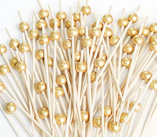 SEANSDA 200PCS Cocktail Picks, Fancy Toothpicks for Appetizers, Decorative Skewers for Appetizers Drinks Party Fruit, 4.7 Inch Long Wooden Bamboo Gold Ball Food Sticks Charcuterie Boards Accessories