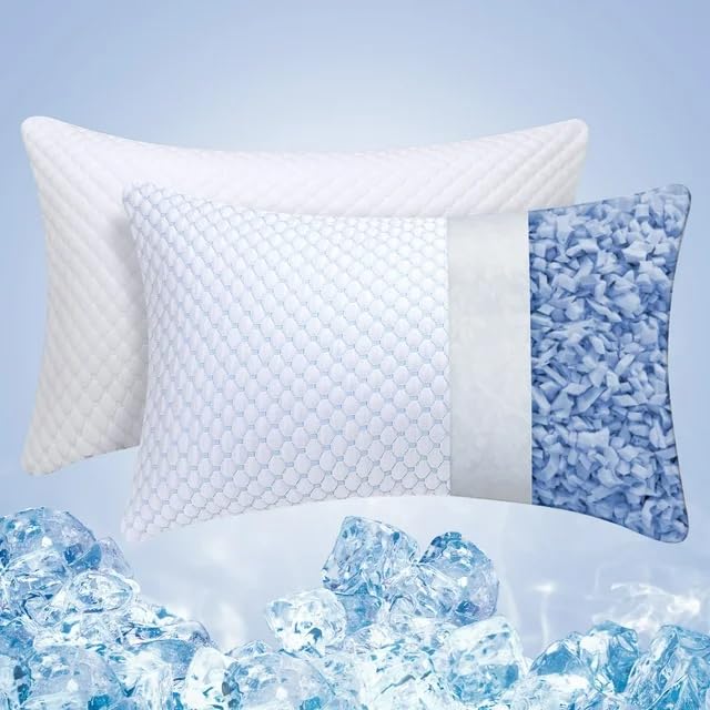 EUROTEX PCM Cooling Shredded Memory Foam Bed Pillows Adjustable Firm Support Pillow for Side and Back Sleepers Luxury Hotel Foam Pillows Set of 2 Bed Pillows for Sleeping Standard Size 20