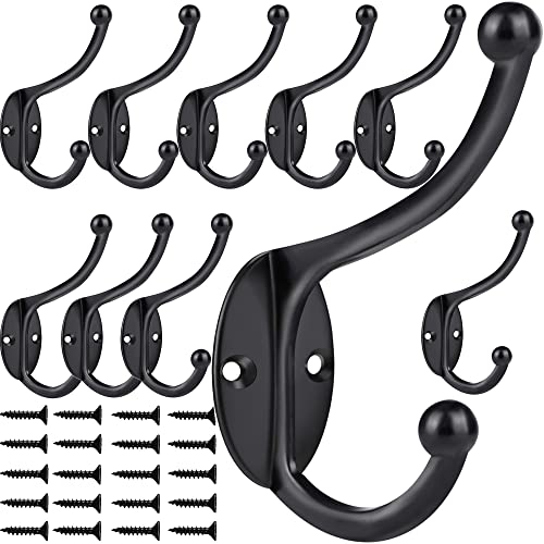 ZEYU Wall Hooks,10Pcs Coat Hooks Hardware Towel Hooks for Hanging Coats Double No Rust Black Robe Hooks Wall Mounted with Screws for Key, Towel, Bags, Cup, Hat