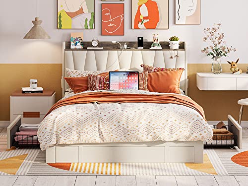 ANCTOR Full Size Bed Frame with 3 Drawers, Upholstered Platform Bed with Storage Headboard and Charging Station, No Box Spring Needed, Easy Assembly, Beige