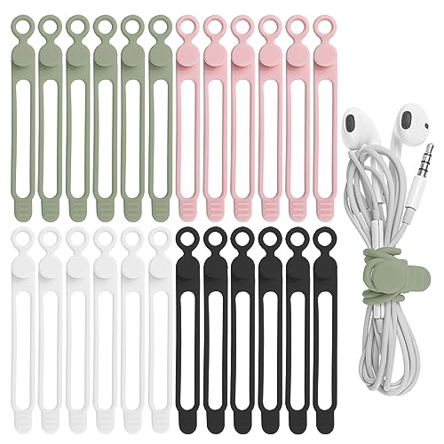 Nearockle 24Pcs Silicone Cable Straps Cord Organizer for Bundling Earphone, Phone Charger, Computer Cords, Reusable Cable Ties Wire Organizer in Home,Office,Kitchen,School (4 Colors)