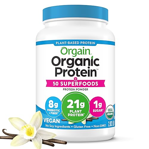 Orgain Organic Protein + Superfoods Powder, Vanilla Bean - 21g of Protein, Vegan, Plant Based, 5g of Fiber, No Dairy, Gluten, Soy or Added Sugar, Non-GMO, 2.02lb