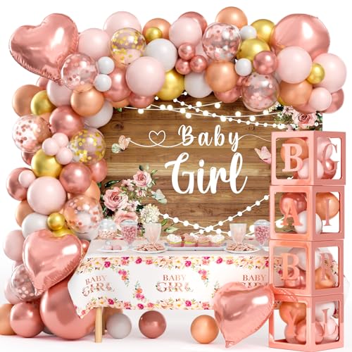 Winrayk Floral Baby Shower Decorations for Girl, Baby Boxes with Letters, Rose Gold Pink Balloon Arch Backdrop Tablecloth Heart Foil Balloon, Birthday Party Decor Girl Baby Shower Decorations