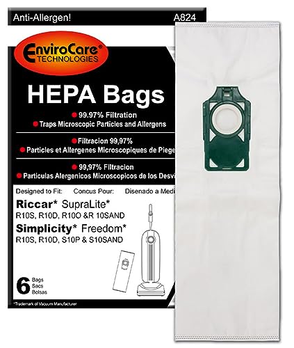 EnviroCare Replacement HEPA Vacuum Cleaner Bags Designed to fit Riccar SupraLite and Simplicity Freedom Upright Vacuums with Green Bag Holder 6 pack