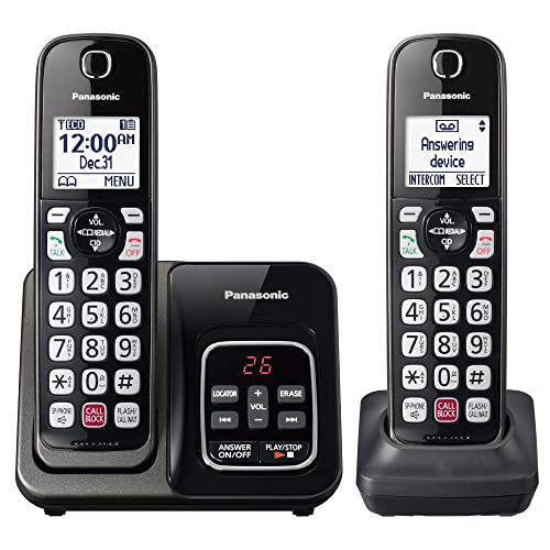 Panasonic Cordless Phone with Answering Machine, Call Block, Bilingual Caller ID, High-Contrast Display, 2 Handsets - Metallic Black
