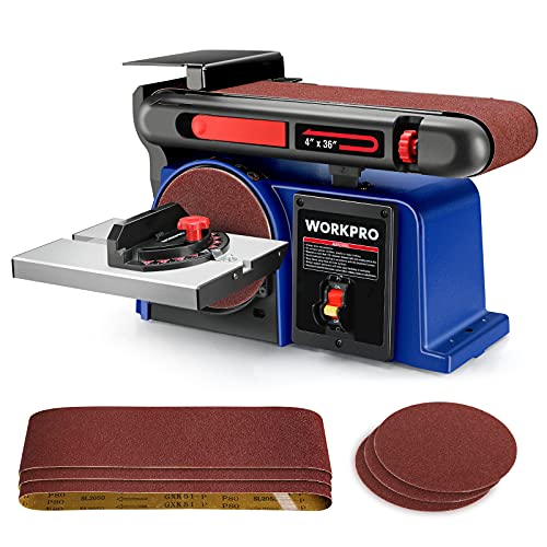 WORKPRO Belt Disc Sander, 4 in. x 36 in. Belt & 6 in. Disc Sander with 6pcs Sandpapers, Cast Iron Base for Sanding Woodworking, DIY Decoration