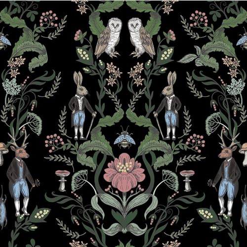 MuralPeel Dark Black Animals Damask Leaf Rabbits Deer Owl Pink Flowers Vintage Peel and Stick Wallpaper Self Adhesive Removable Easy Peel Off Stick on Wall Paper for Bedroom Cabinet Renter Friendly