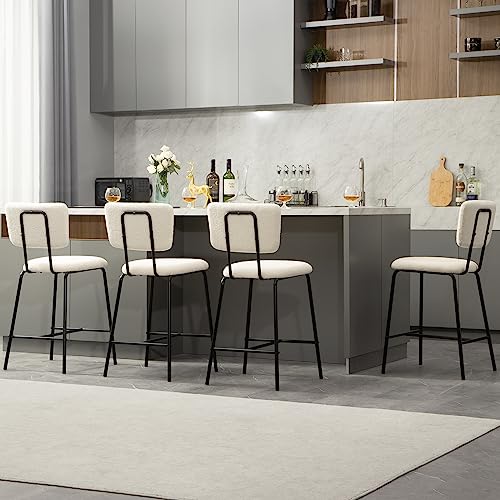 Bar Stools Set of 4 Counter Height Bar Stools : Upholstered Boucle Fabric Bar Stool for Kitchen Bistro Pub Armless Modern Bar Chair with Metal Base for Dining Room Kitchen Island