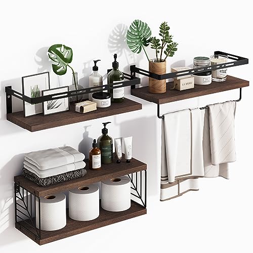 Fixwal 3+1 Tier Wall Mounted Bathroom Shelves Over Toilet, Rustic Wood Floating Shelves with Metal Frame and Towel Bar for Bathroom, Kitchen, Bedroom, Living Room (Dark Brown)