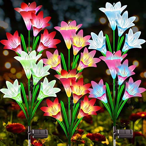 GARPAR Solar Garden Lights - 6 Pack Upgraded Solar Lights Outdoor with 24 Bigger & Brighter LED Lily Flower Lights - Color Changing Waterproof Solar Lights for Outside Yard Porch Outdoor Garden Decor