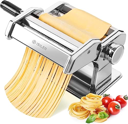 Pasta Machine, ISILER 9 Adjustable Thickness Settings Pasta Maker, 150 Roller Noodles Maker with Aluminum Alloy Rollers and Cutter for Pasta, Spaghetti, Fettuccini, Lasagna