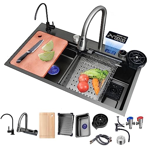 ARTLINE Single Bowl Kitchen Sink with Multifunctional Digital Display, Stainless Steel Waterfall Sink, Bar Sink, Drop-In/Undermount Farmhouse Kitchen Sink with Accessories, Black (29.5 x 17.7in)