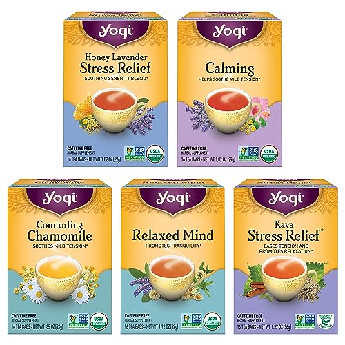 Yogi Tea Stress Relief & Relaxation Tea Variety Pack Sampler - 16 Tea Bags per Pack (5 Packs) - Organic Relaxing Tea Sampler Set - Calming Tea, Comforting Chamomile Tea, Relaxed Mind Tea & More