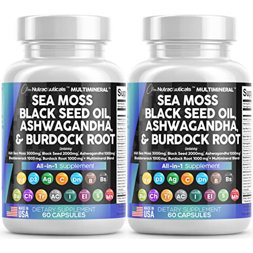 Sea Moss 3000mg Black Seed Oil 2000mg Ashwagandha 1000mg Turmeric 1000mg Bladderwrack 1000mg Burdock & Vitamin C Vitamin D3 with Elderberry Manuka Dandelion Yellow Dock Iodine Chlorophyll ACV - 2Pack