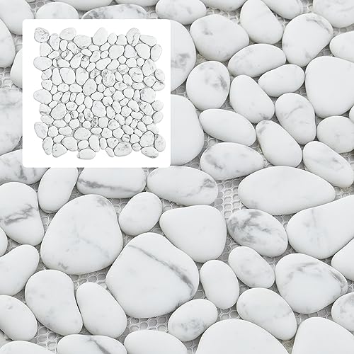 Mijaro 4 Pieces Carrara White Pebble Tile Glass Mosaic with Natural Marble Texture Can Be Used to Decorate The Garden, Shower Floor, Living Room Floor and More.