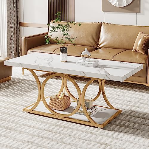 Tribesigns Rectangle Coffee Table, 47.24-inch Modern Coffee Tables for Living Room, 2-Tier Faux Marble Wood Coffee Table with Geometric Metal Legs, Home Furniture with Storage Shelf(White and Gold)